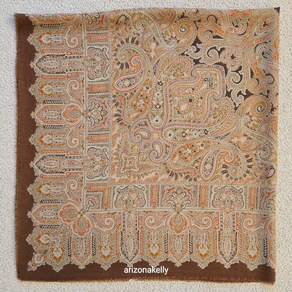 Large Square Wool Scarf Brown Orange Earth Tones - Picture 11 of 13